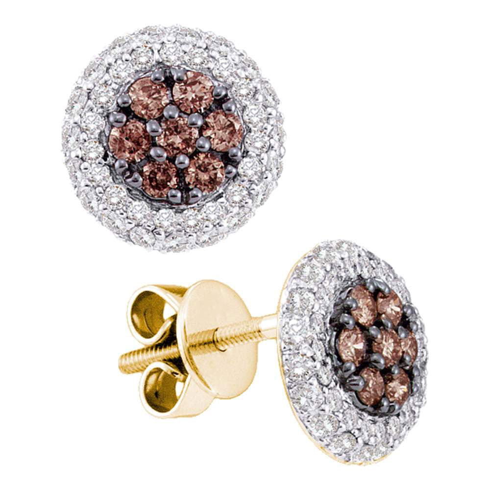 14kt Yellow Gold Womens Round Brown Diamond Cluster Earrings 3/4 Cttw