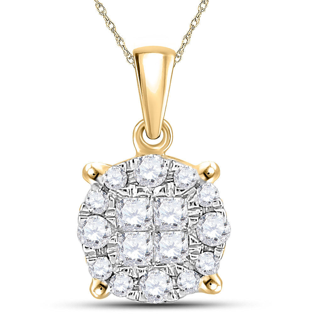 14kt Yellow Gold Womens Princess Round Diamond Cluster Pendant 1/4 Cttw