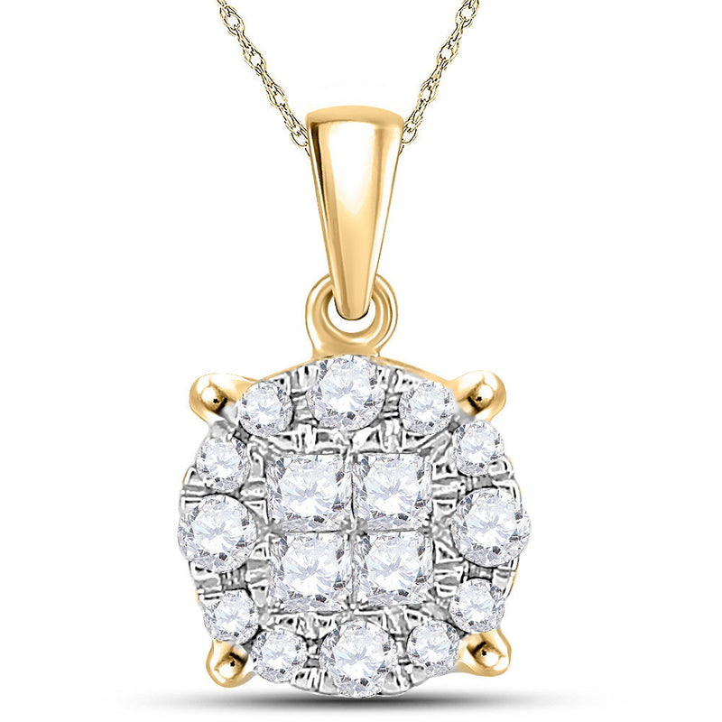 14kt Yellow Gold Womens Princess Round Diamond Cluster Pendant 1/4 Cttw