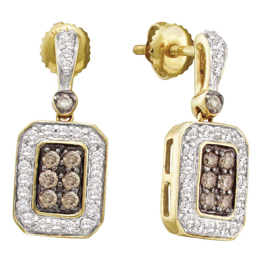 14kt Yellow Gold Womens Round Brown Diamond Dangle Earrings 1/2 Cttw