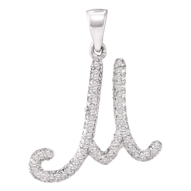 10kt White Gold Womens Round Diamond Cursive Letter M Initial Pendant 1/6 Cttw