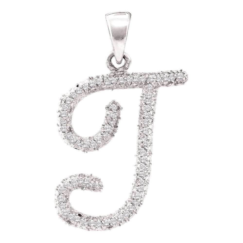 10kt White Gold Womens Round Diamond Cursive T Letter Pendant 1/6 Cttw