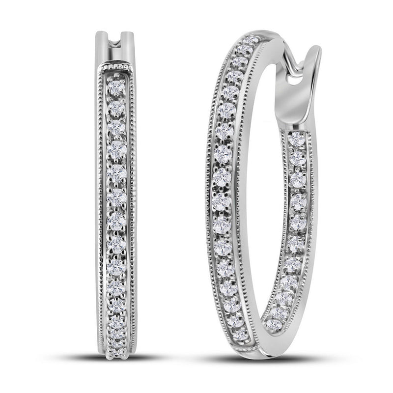 14kt White Gold Womens Round Diamond Single Row Inside Outside Hoop Earrings 1/2 Cttw