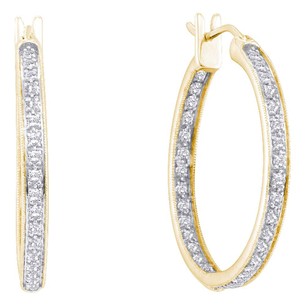 14kt Yellow Gold Womens Round Diamond Single Row Inside Outside Hoop Earrings 1 Cttw