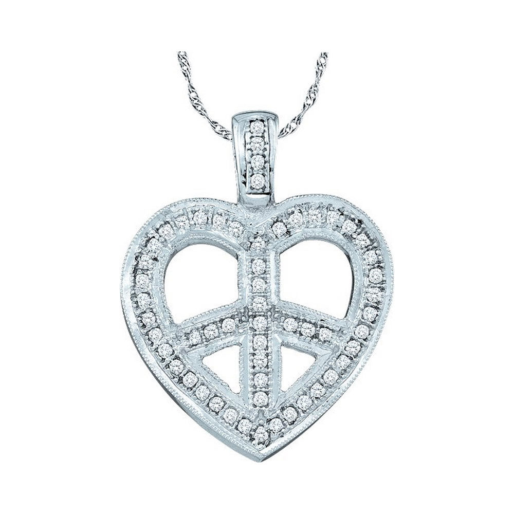 10kt White Gold Womens Round Diamond Heart Peace Sign Pendant 1/6 Cttw