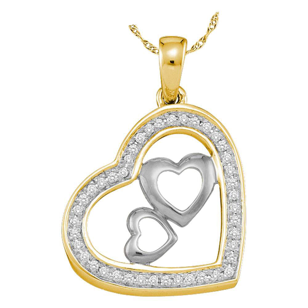 10kt Yellow Gold Womens Round Diamond Triple Nested Heart Pendant 1/6 Cttw