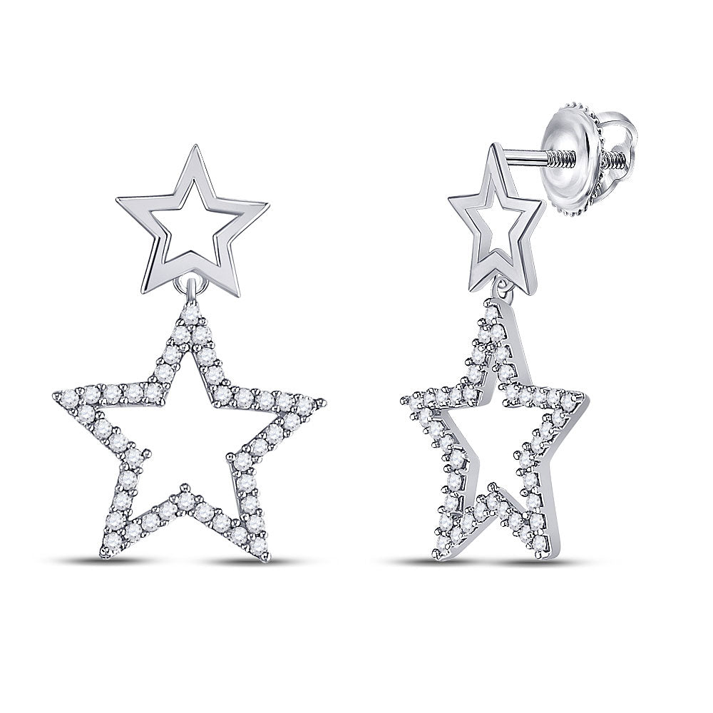 10kt White Gold Womens Round Diamond Star Dangle Earrings 1/4 Cttw