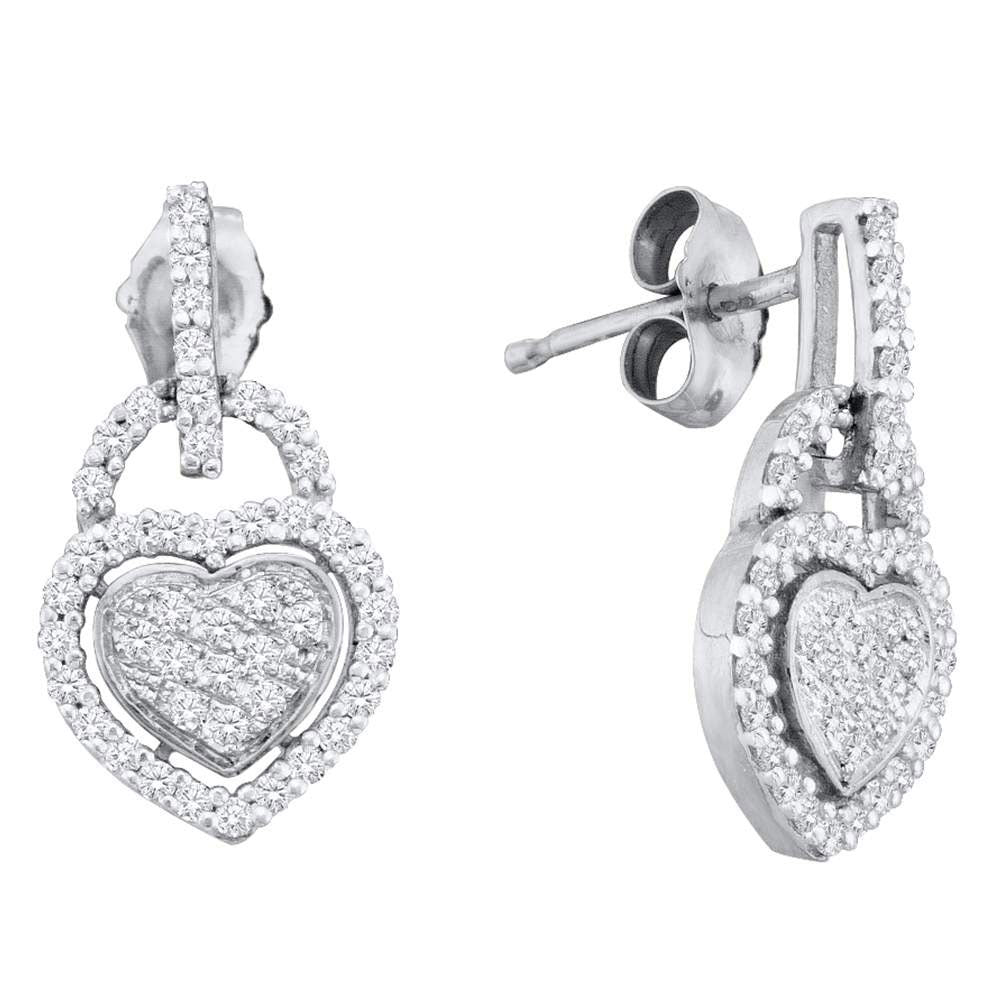 10kt White Gold Womens Round Diamond Heart Dangle Earrings 1/3 Cttw