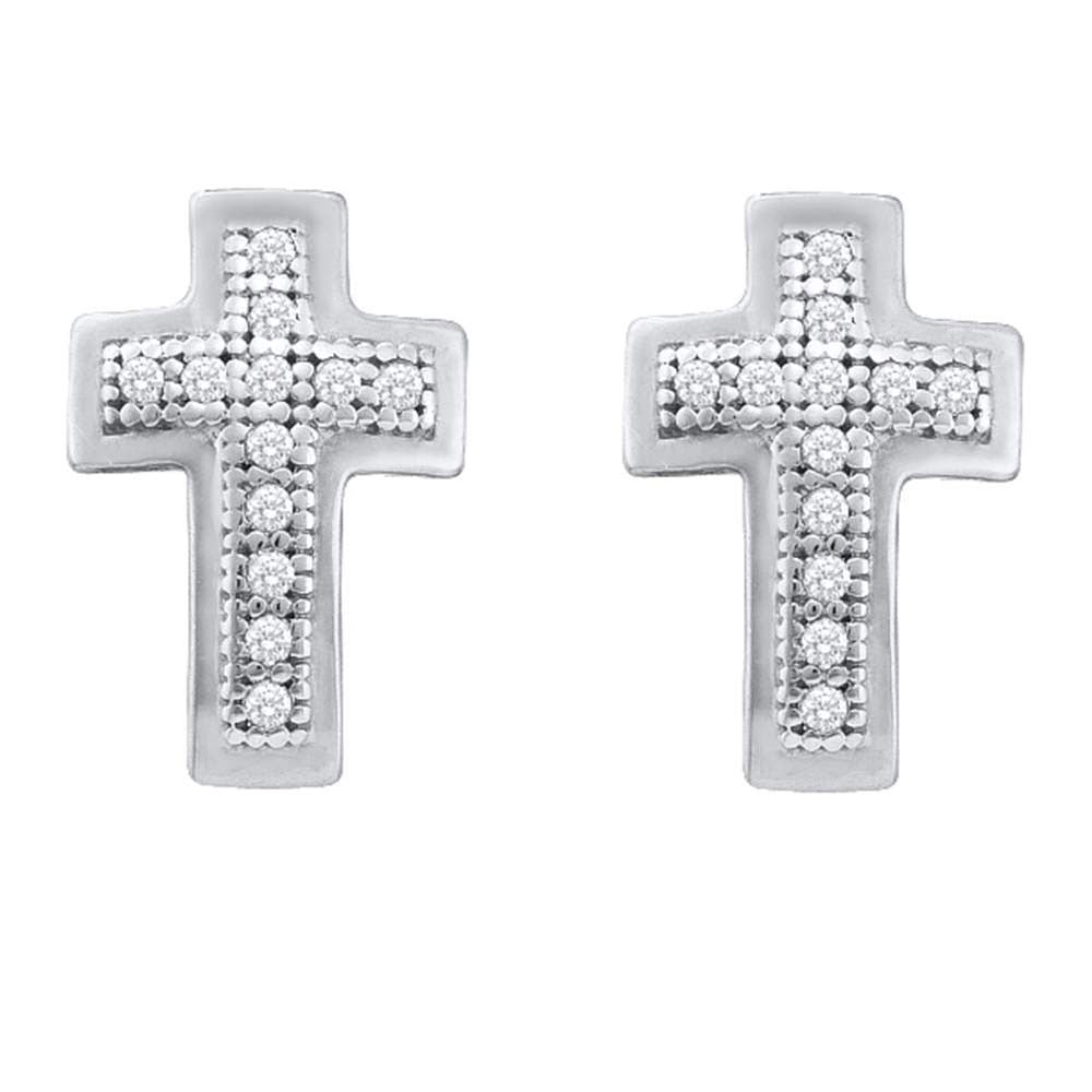 10kt White Gold Womens Round Diamond Small Cross Earrings 1/10 Cttw