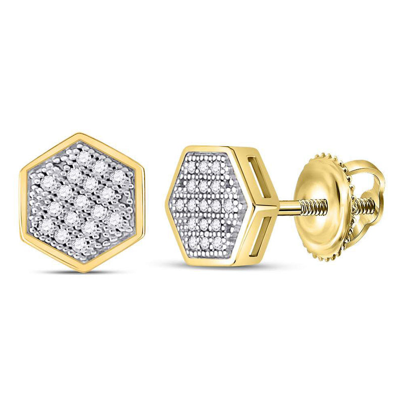 10kt Yellow Gold Mens Round Diamond Hexagon Earrings 1/10 Cttw