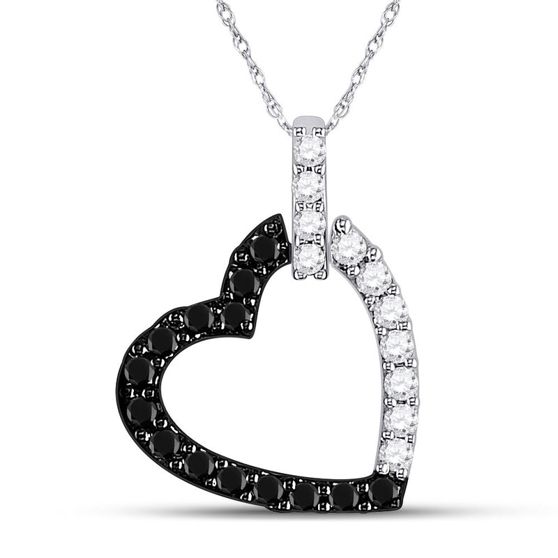 14kt White Gold Womens Round Black Color Enhanced Diamond Heart Pendant 1/4 Cttw