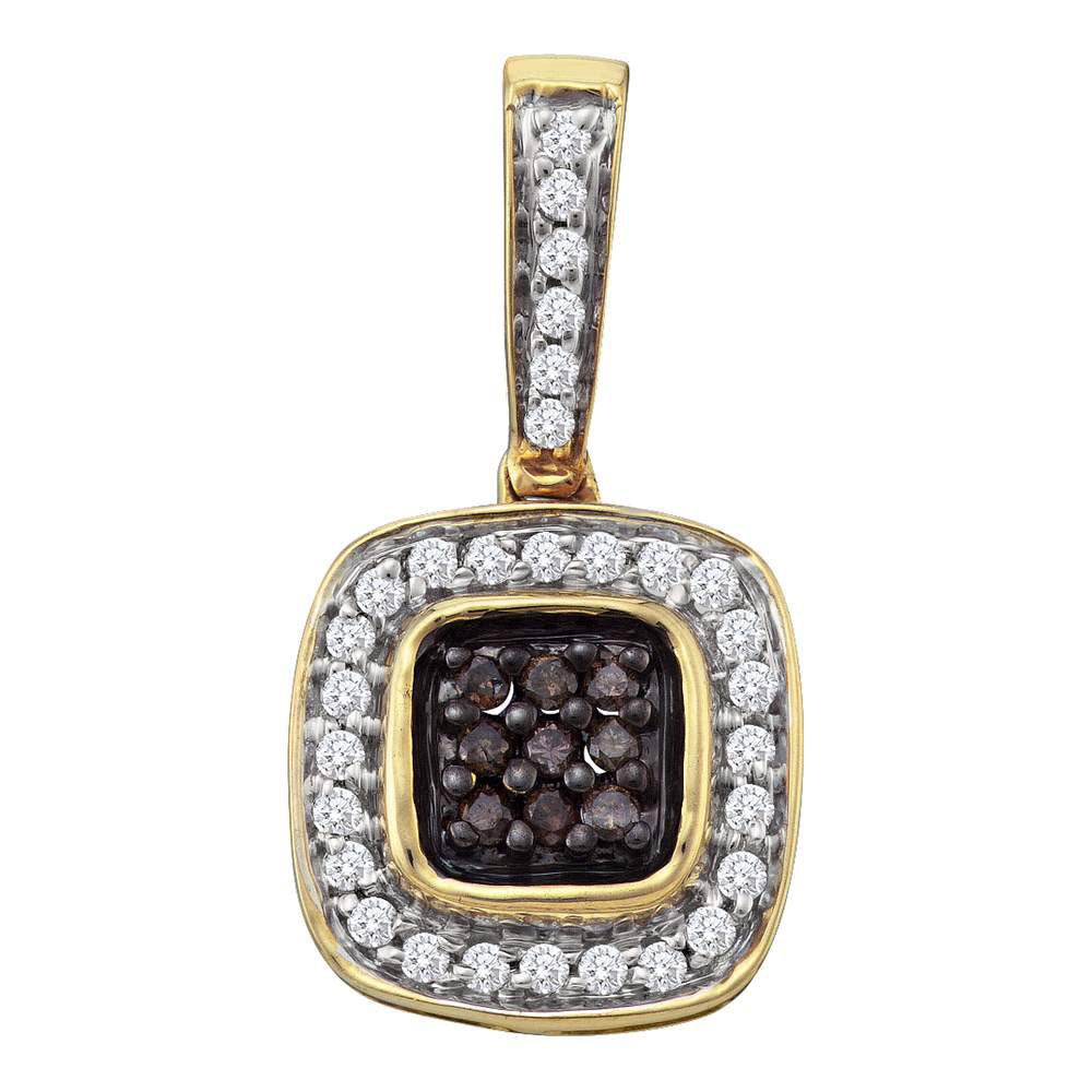 14kt Yellow Gold Womens Round Brown Diamond Square Frame Cluster Pendant 1/4 Cttw