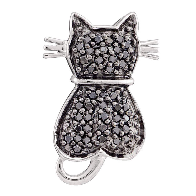 14kt White Gold Womens Round Black Color Enhanced Diamond Kitty Cat Feline Pendant 1/4 Cttw