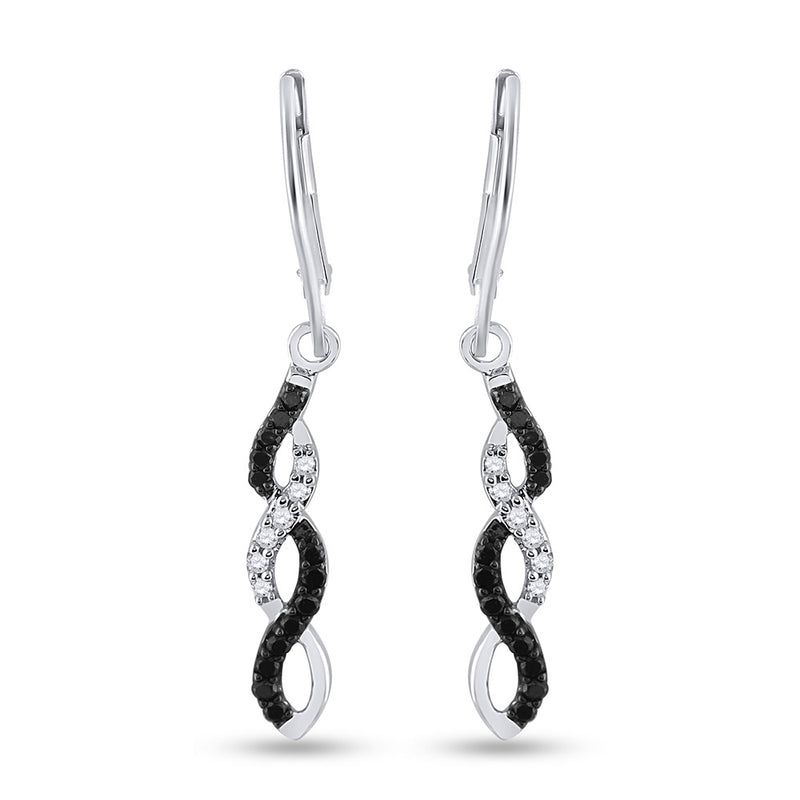 14kt White Gold Womens Round Black Color Enhanced Diamond Twist Dangle Earrings 1/3 Cttw