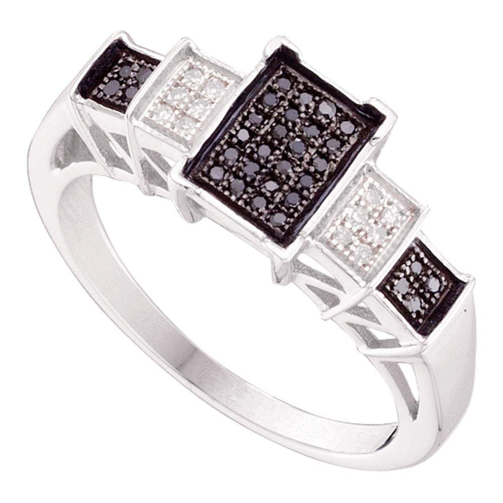 10kt White Gold Womens Round Black Color Enhanced Diamond Rectangle Cluster Ring 1/6 Cttw