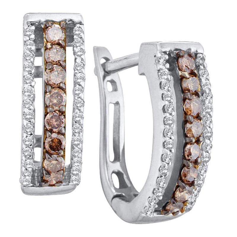 14kt White Gold Womens Round Brown Diamond Triple Row Huggie Earrings 1/2 Cttw