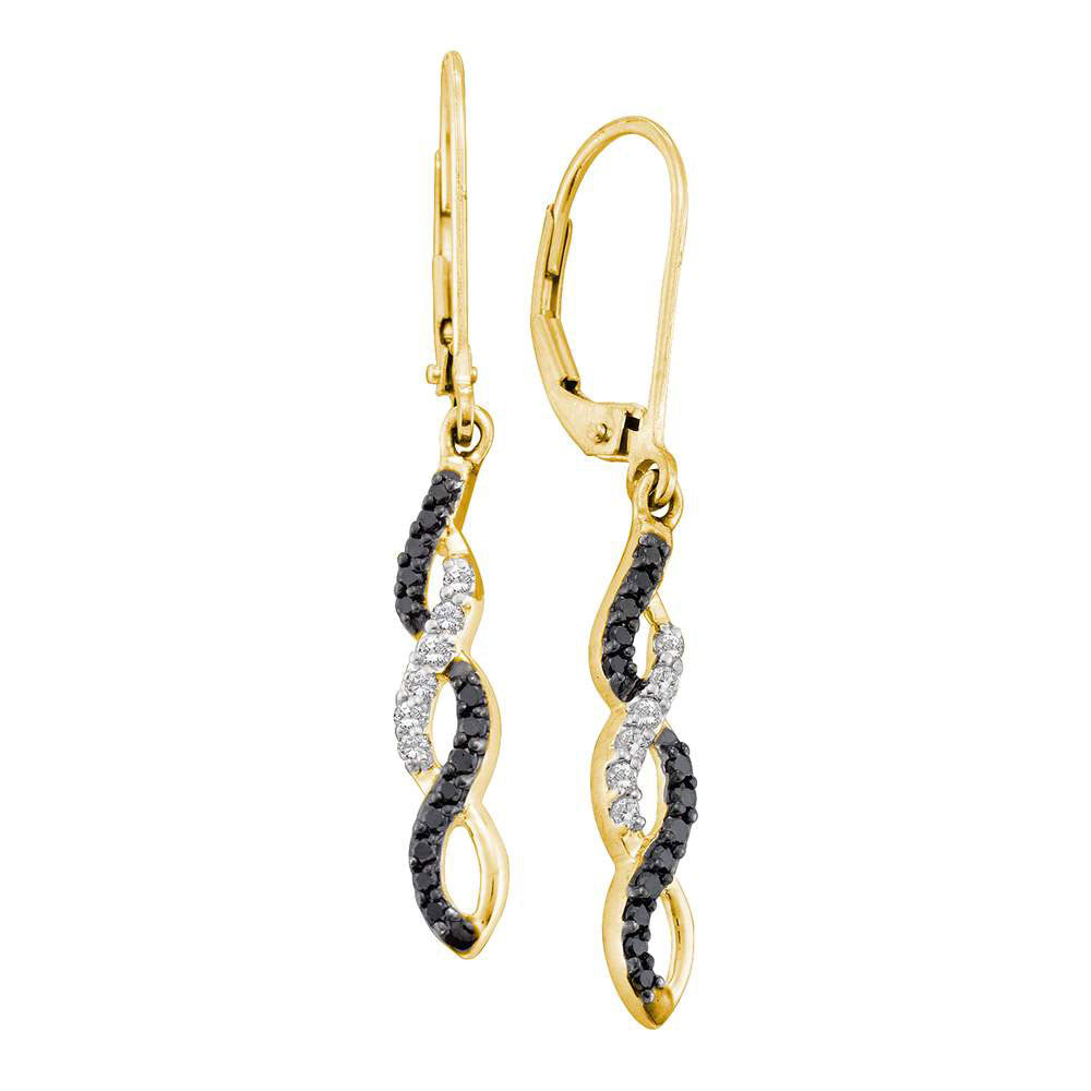 14kt Yellow Gold Womens Round Black Color Enhanced Diamond Twist Dangle Earrings 1/3 Cttw