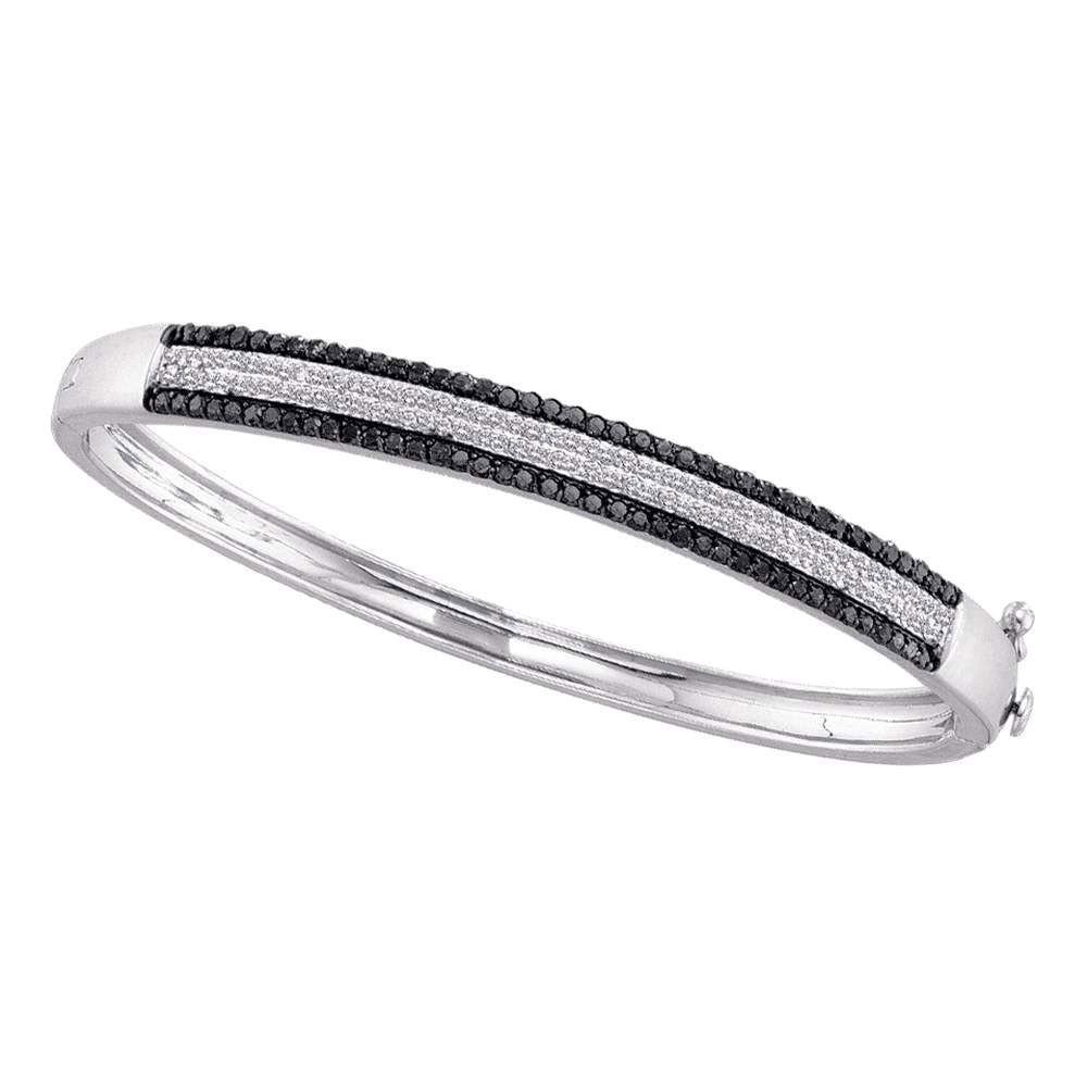 14kt White Gold Womens Round Black Color Enhanced Pave-set Diamond Bangle Bracelet 1-3/8 Cttw