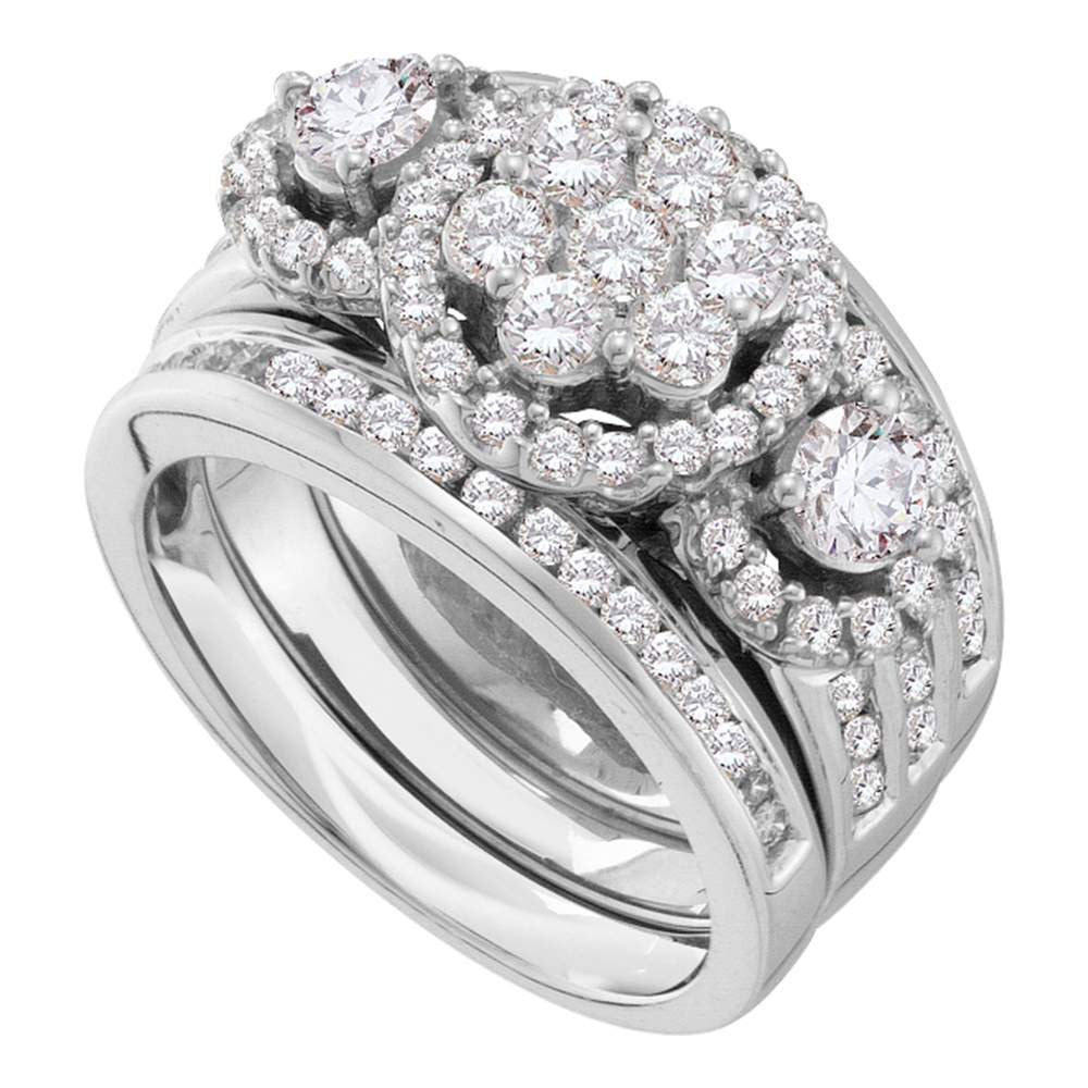 14kt White Gold Round Diamond 3-Piece Bridal Wedding Ring Band Set 2 Cttw