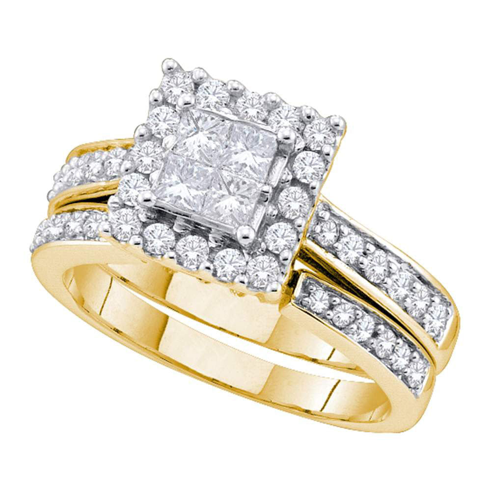 14kt Yellow Gold Princess Diamond Halo Bridal Wedding Ring Band Set 1 Cttw