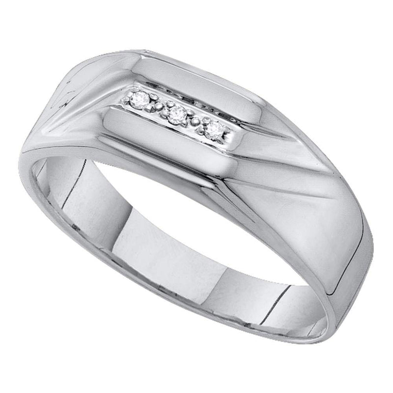 10kt White Gold Mens Round Diamond Grooved 3-Stone Flag Band Ring .03 Cttw