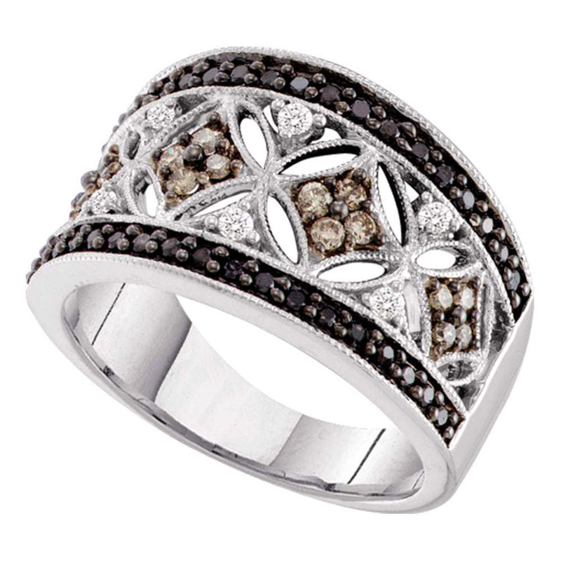 14kt White Gold Womens Round Black Brown Diamond Band Ring 1/2 Cttw