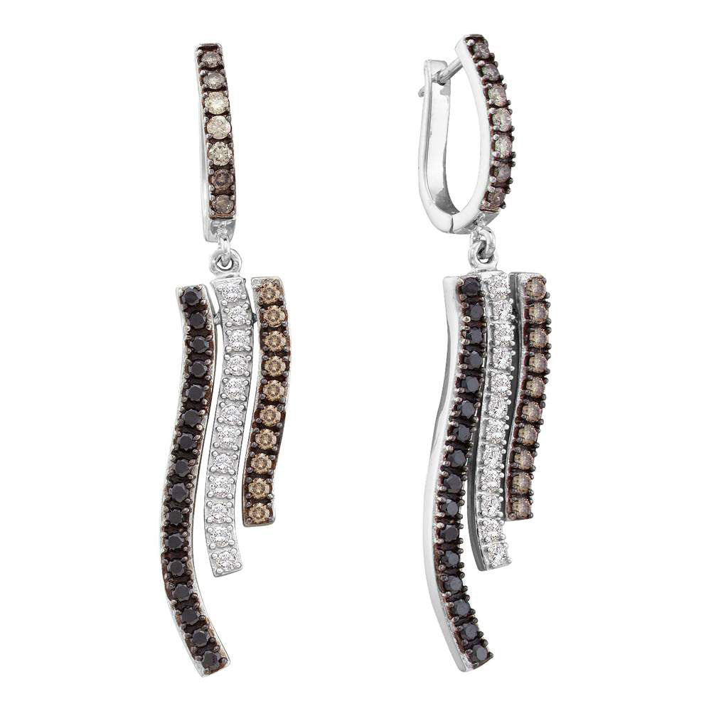 14k White Gold Womens Brown Black Color Enhanced Diamond Vertical Dangle Hoop Earrings 1 Cttw