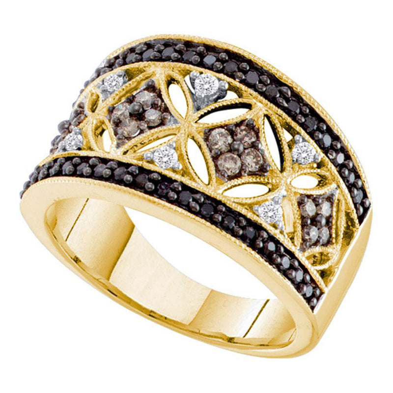 14kt Yellow Gold Womens Round Black Brown Diamond Band Ring 1/2 Cttw