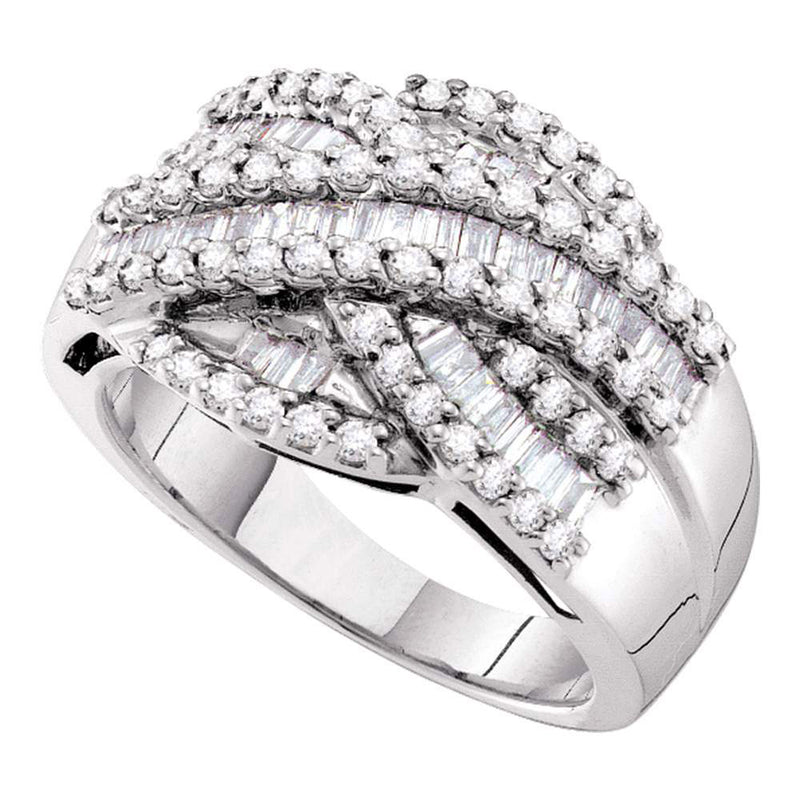 14kt White Gold Womens Baguette Round Diamond Crossover Band Ring 1 Cttw