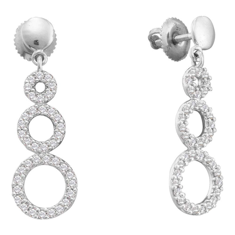 14kt White Gold Womens Round Diamond Triple Circle Dangle Earrings 3/8 Cttw