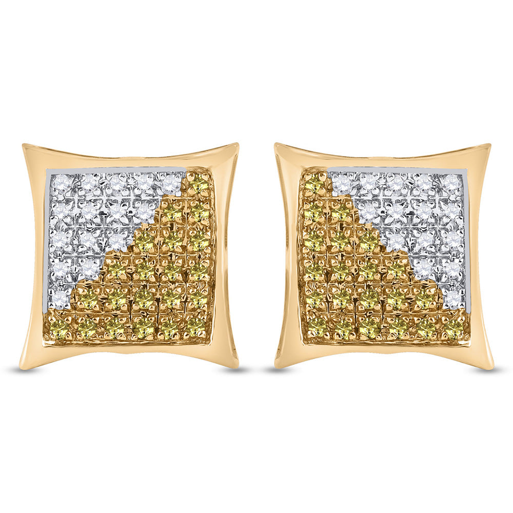 10kt Yellow Gold Mens Round Yellow Color Enhanced Diamond Square Cluster Earrings 1/4 Cttw