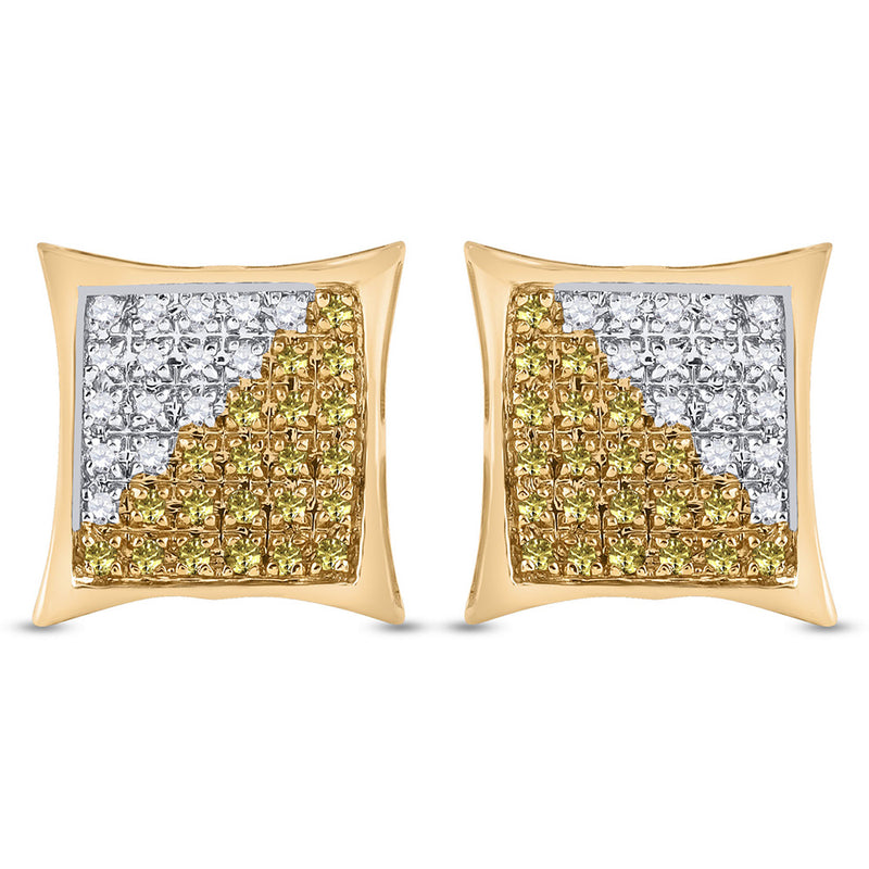 10kt Yellow Gold Mens Round Yellow Color Enhanced Diamond Square Cluster Earrings 1/4 Cttw