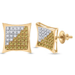 10kt Yellow Gold Mens Round Yellow Color Enhanced Diamond Square Cluster Earrings 1/4 Cttw