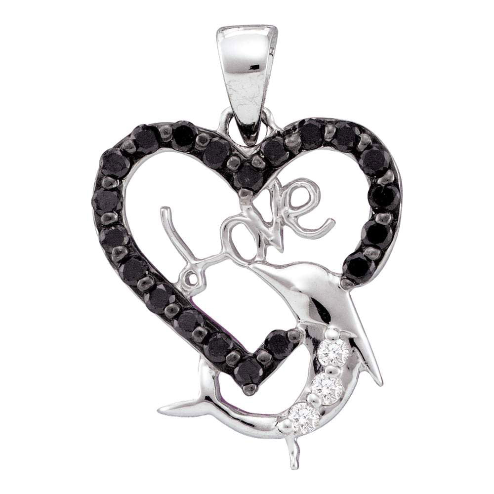 14kt White Gold Womens Round Black Color Enhanced Diamond Dolphin Heart Pendant 3/8 Cttw