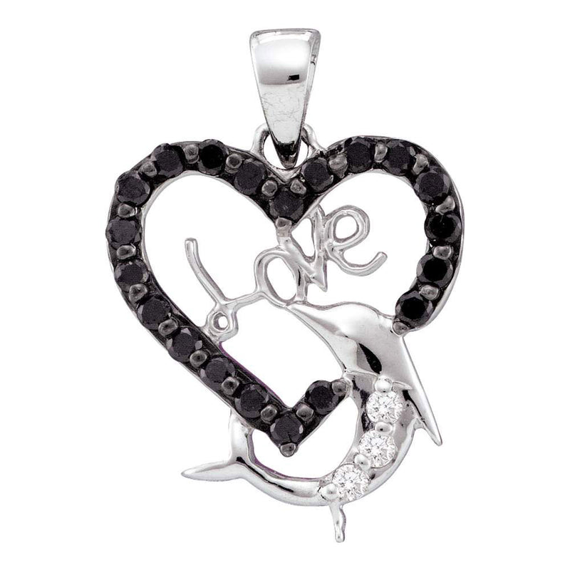 14kt White Gold Womens Round Black Color Enhanced Diamond Dolphin Heart Pendant 3/8 Cttw