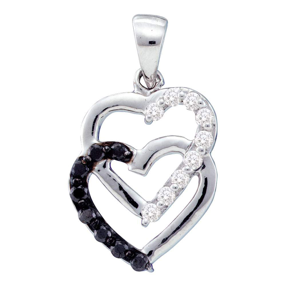 14kt White Gold Womens Round Black Color Enhanced Diamond Heart Pendant 1/3 Cttw