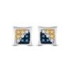 10kt White Gold Mens Round Blue Yellow Color Enhanced Diamond Square Kite Earrings 1/20 Cttw