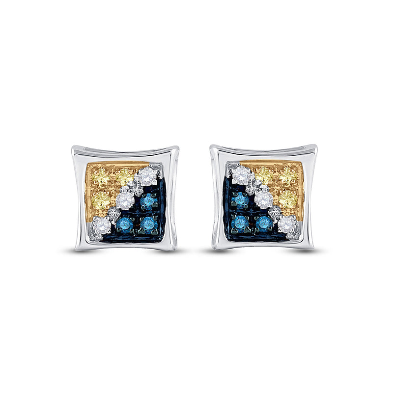 10kt White Gold Mens Round Blue Yellow Color Enhanced Diamond Square Kite Earrings 1/20 Cttw