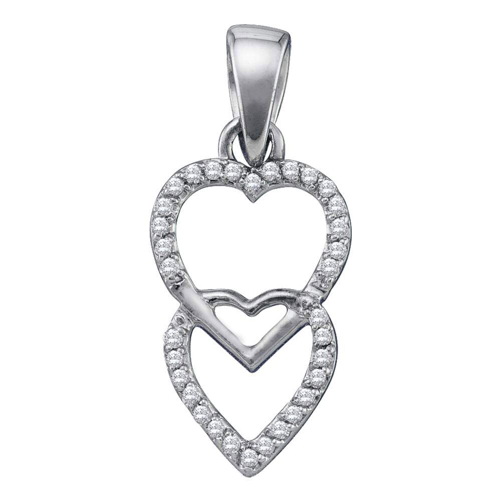 10kt White Gold Womens Round Diamond Double Hanging Heart Pendant 1/10 Cttw