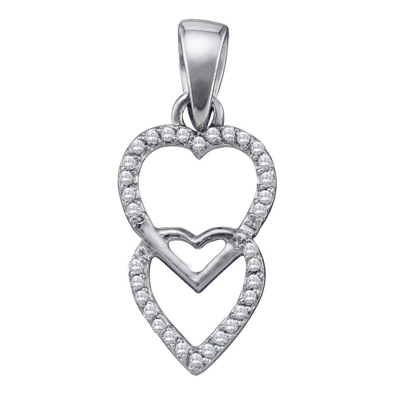 10kt White Gold Womens Round Diamond Double Hanging Heart Pendant 1/10 Cttw