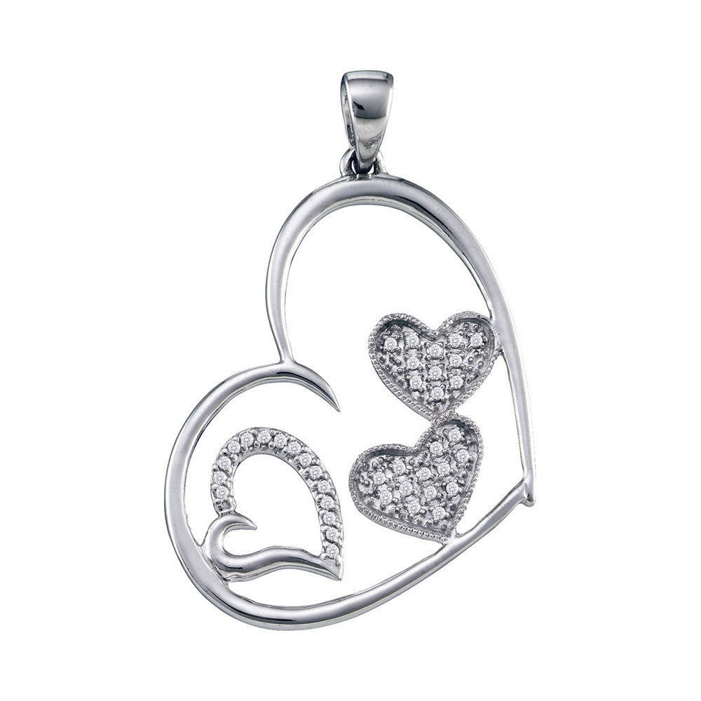 10kt White Gold Womens Round Diamond Triple Nested Heart Pendant 1/8 Cttw