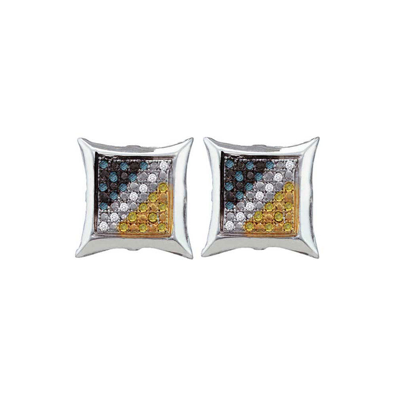 Sterling Silver Mens Round Blue Color Enhanced Diamond Square Earrings 1/6 Cttw