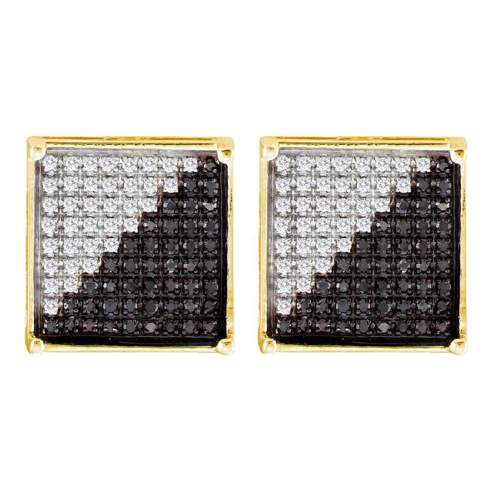 10kt Yellow Gold Mens Round Black Color Enhanced Diamond Square Cluster Earrings 1/3 Cttw