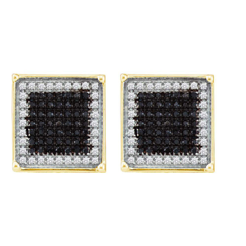 10kt Yellow Gold Mens Round Black Color Enhanced Diamond Square Cluster Earrings 1/4 Cttw