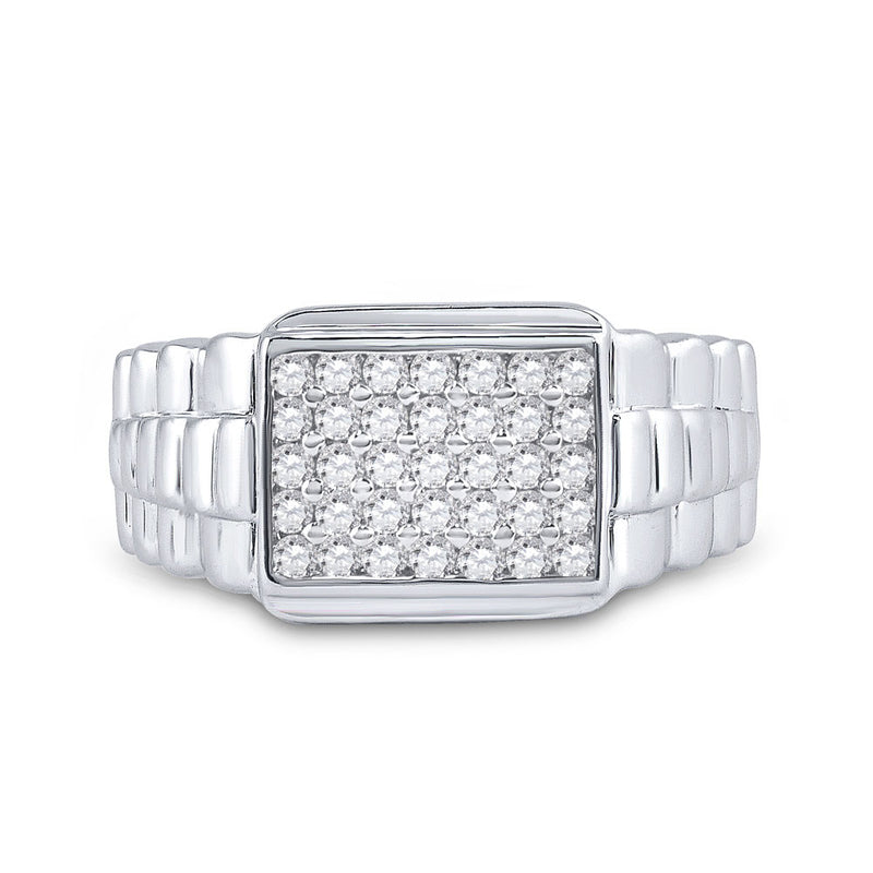 10kt White Gold Mens Round Diamond Rectangle Cluster Ribbed Ring 1/2 Cttw