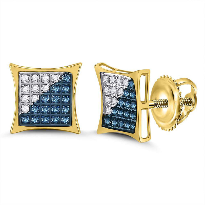 10kt Yellow Gold Mens Round Blue Color Enhanced Diamond Square Kite Cluster Earrings 1/6 Cttw