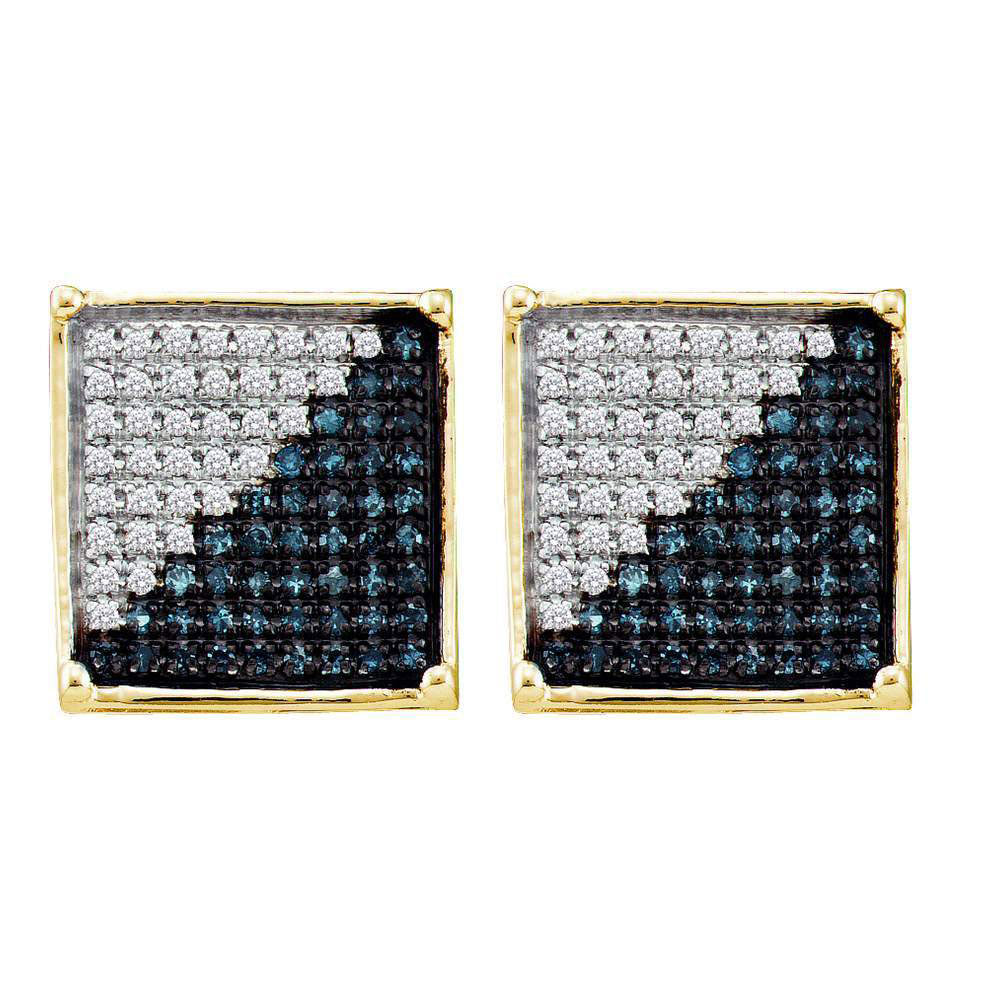 10kt Yellow Gold Mens Round Blue Color Enhanced Diamond Square Cluster Earrings 1/6 Cttw