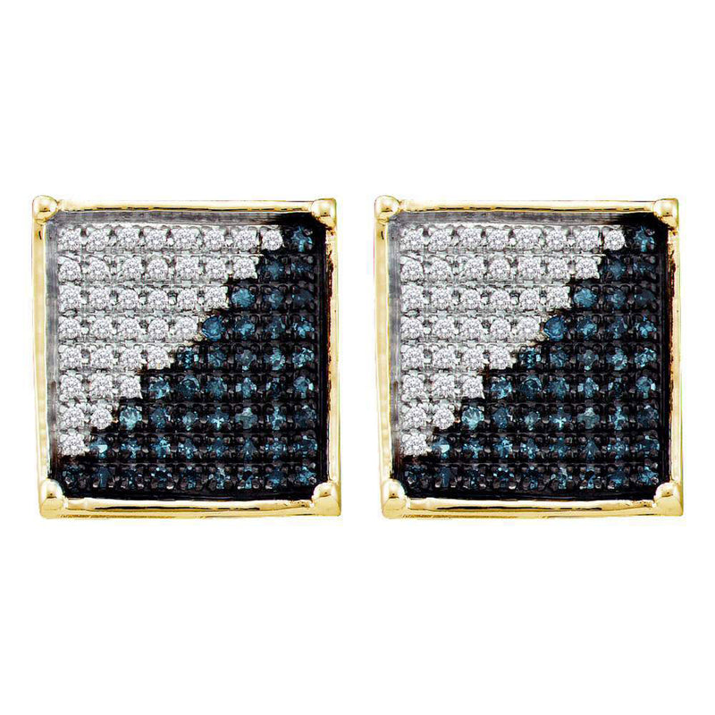 10kt Yellow Gold Womens Round Blue Color Enhanced Diamond Square Cluster Earrings 1/10 Cttw