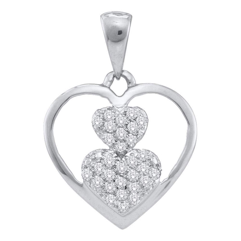 10kt White Gold Womens Round Diamond Nested Heart Cluster Pendant 1/6 Cttw