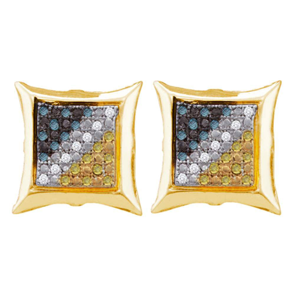 Yellow-tone Sterling Silver Mens Blue Color Enhanced Diamond Square Earrings 1/6 Cttw